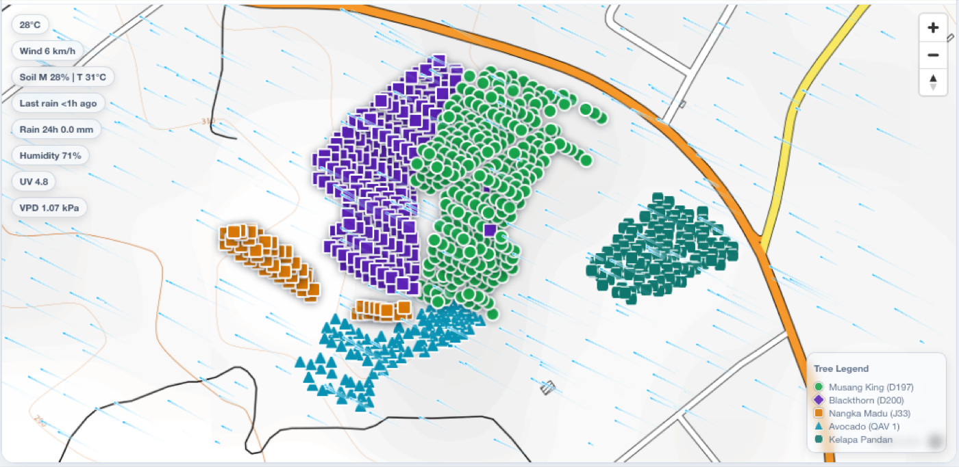 AgriTag orchard map with tree locations grouped by species